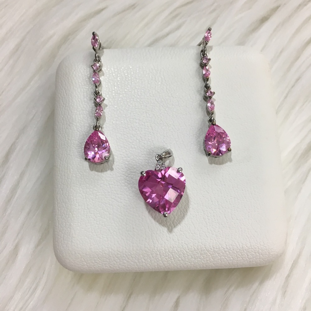 Pink Heart Pendant and Earrings Set